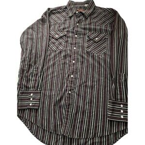 Plains Western Wear Striped Brown‎ & White Pearl Snap Large LS Cowboy Shirt